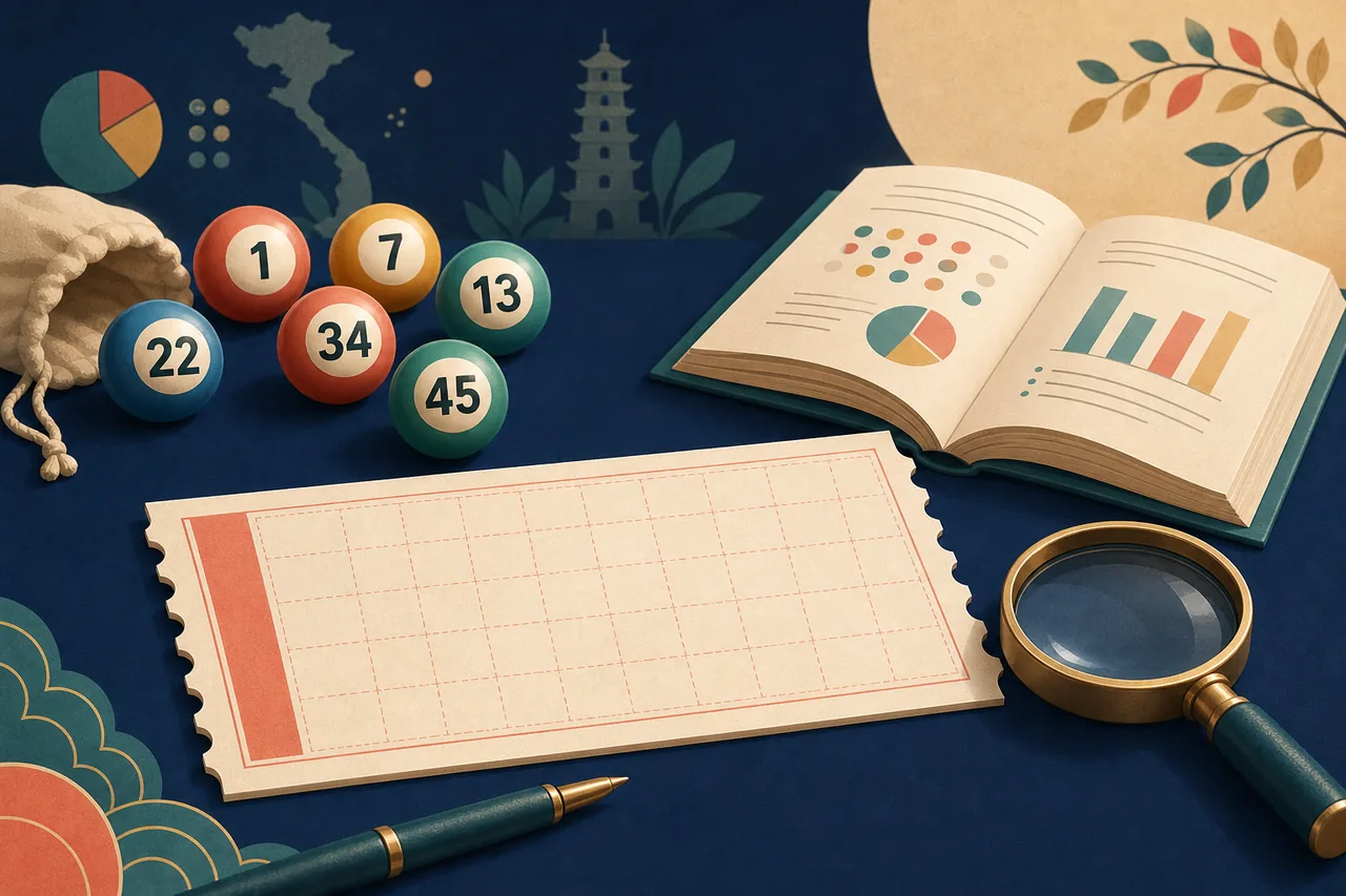 Lottery knowledge desk with a ticket, numbered balls, handbook, and magnifying glass