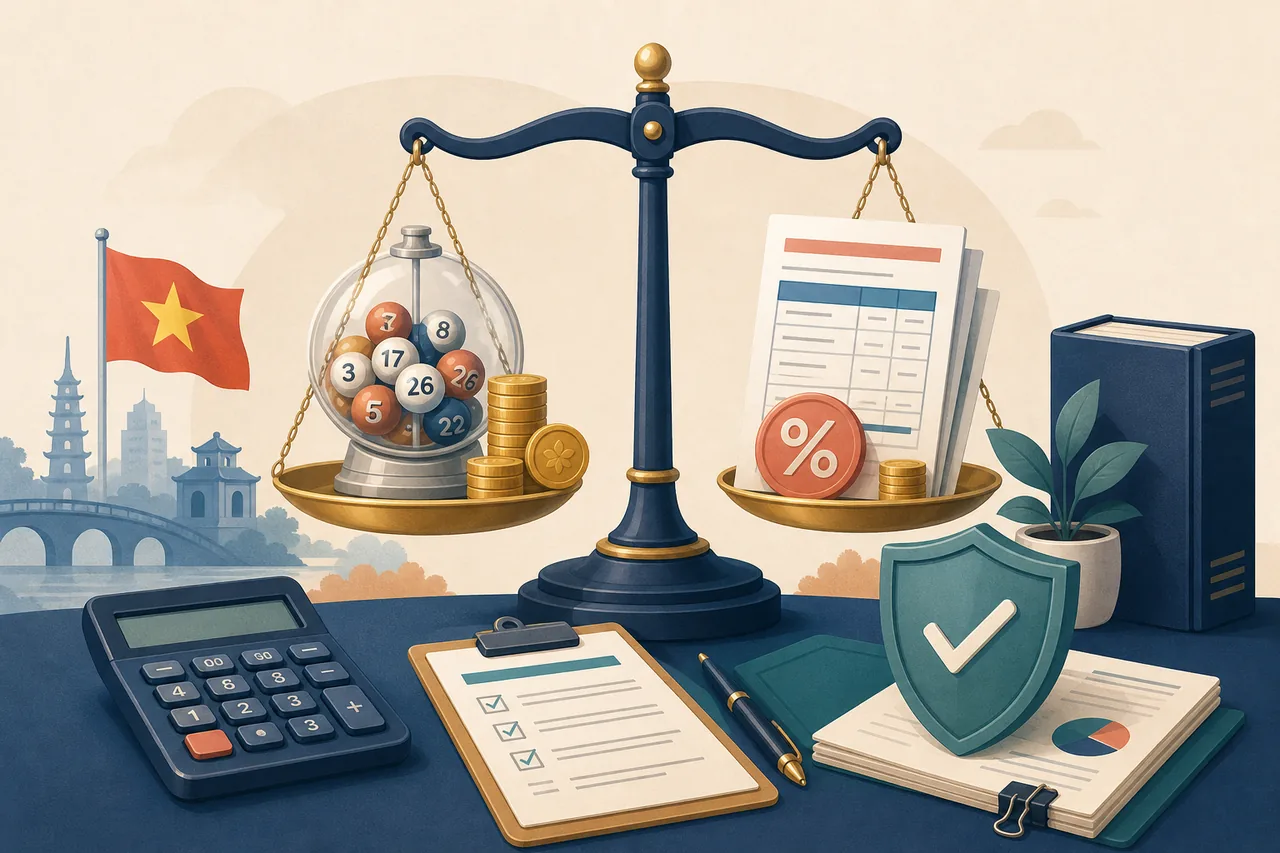 Editorial illustration of lottery rules, taxation, and participant protection